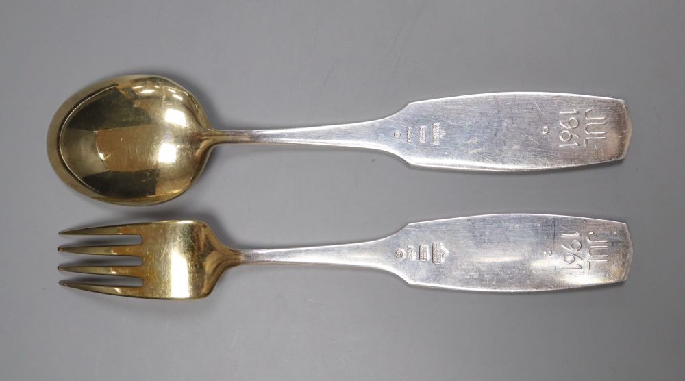 A 1960s Danish gilt sterling and sterling July 1961 fork and spoon, by Michelsen, 16.5cm, gross 95 grams.